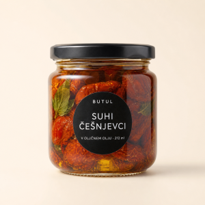 Suhi paradižniki češnjevci v oljčnem olju 212 ml Butul – studijska fotografija