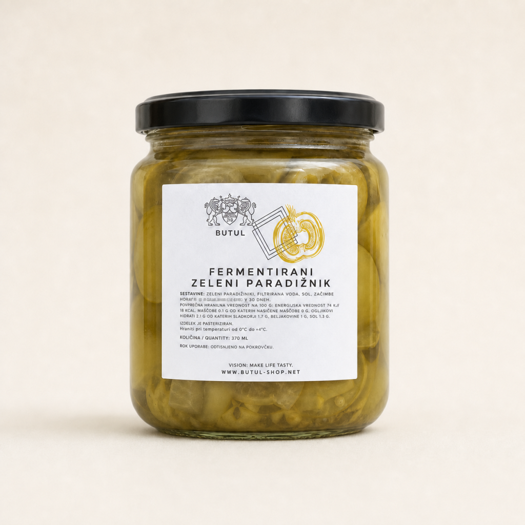 Fermentirani zeleni paradižniki Butul 370 ml z izvirno etiketo – studijska fotografija